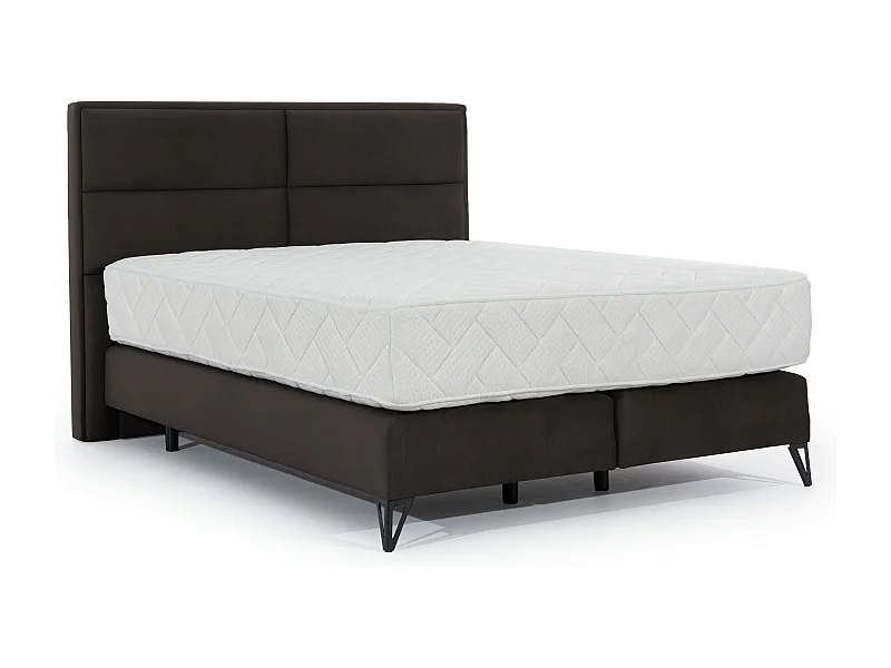 Lit continental velours marron Tiempo avec matelas 30cm en latex et pied métal noir-140x200