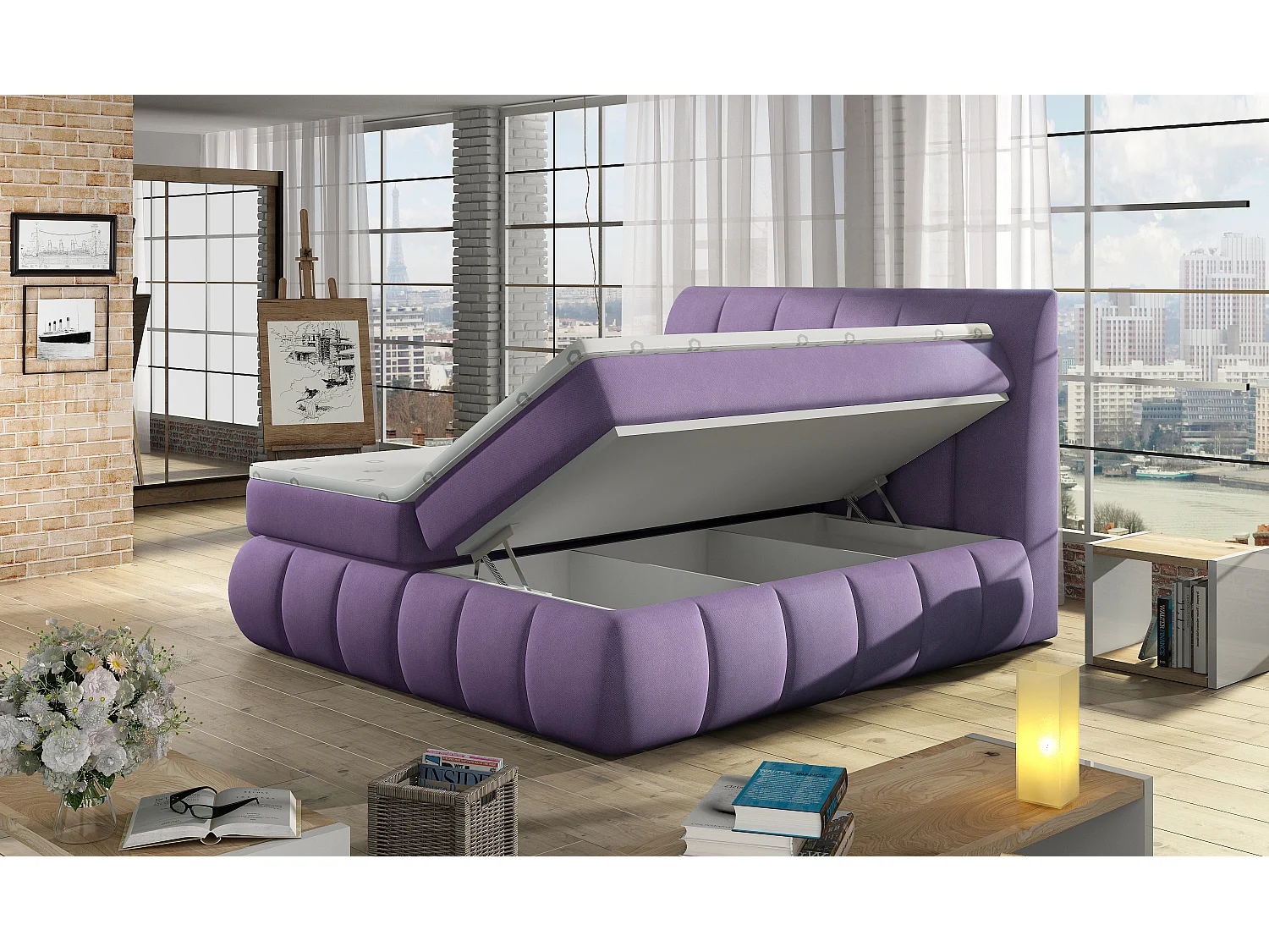 Lit continental matelassé simili cuir gris Florencia-160x200