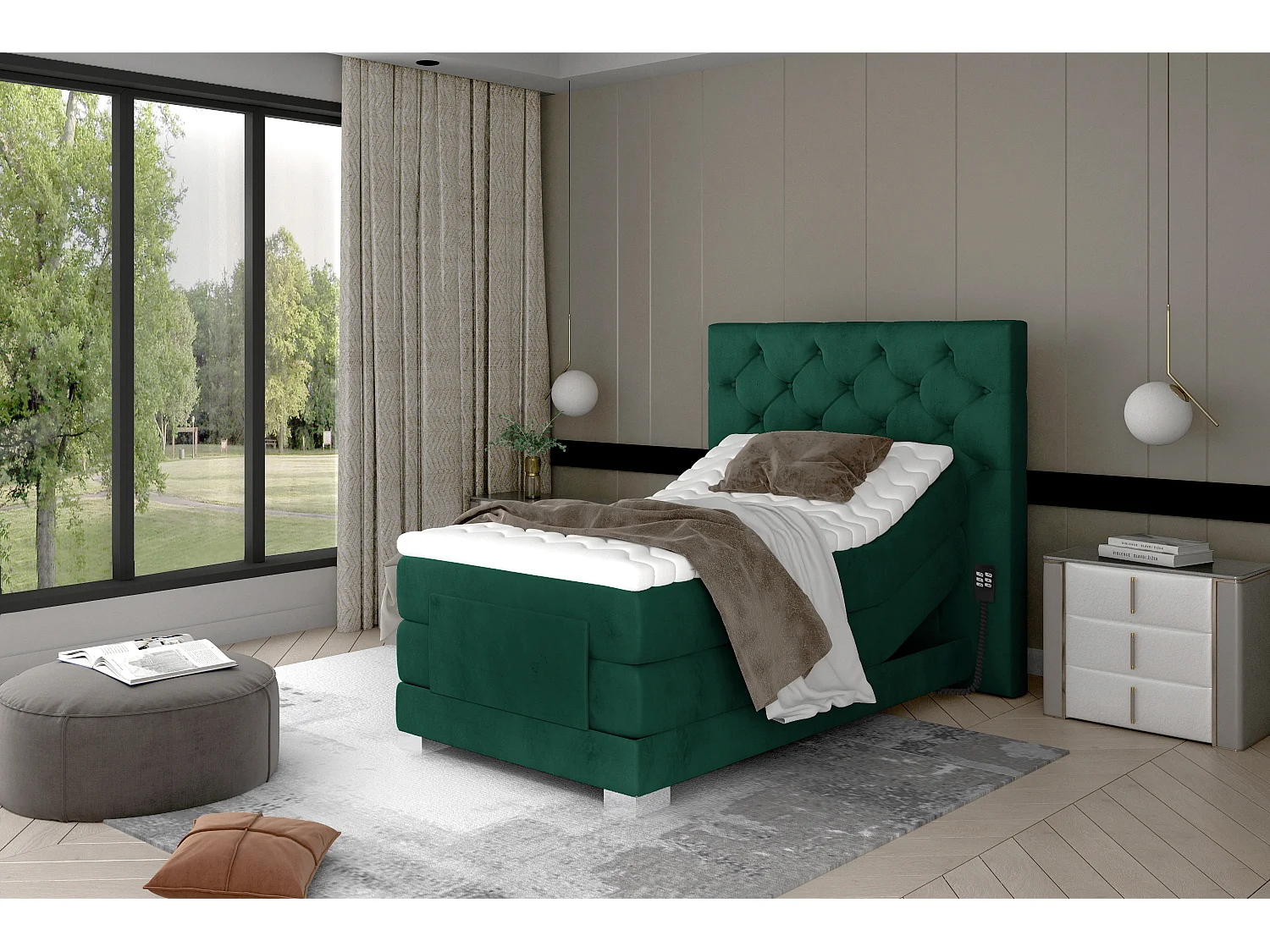 Groen fluwelen elektrisch continentaal bed met Karmen-matras en topper-Slapen 180x200cm