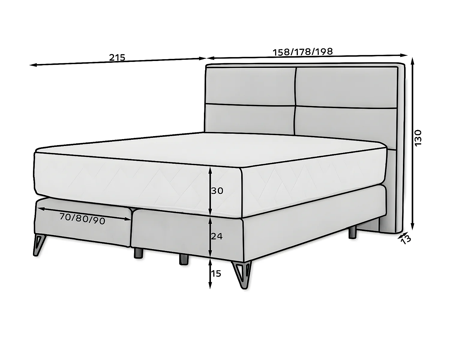 Lit continental velours marron meuse Tiempo avec matelas 30cm en latex et pied métal noir-180x200