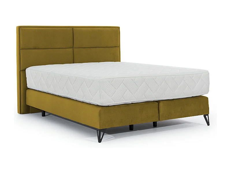 Lit continental tissu jaune moutarde Tiempo avec matelas 30cm en latex et pied métal noir-160x200