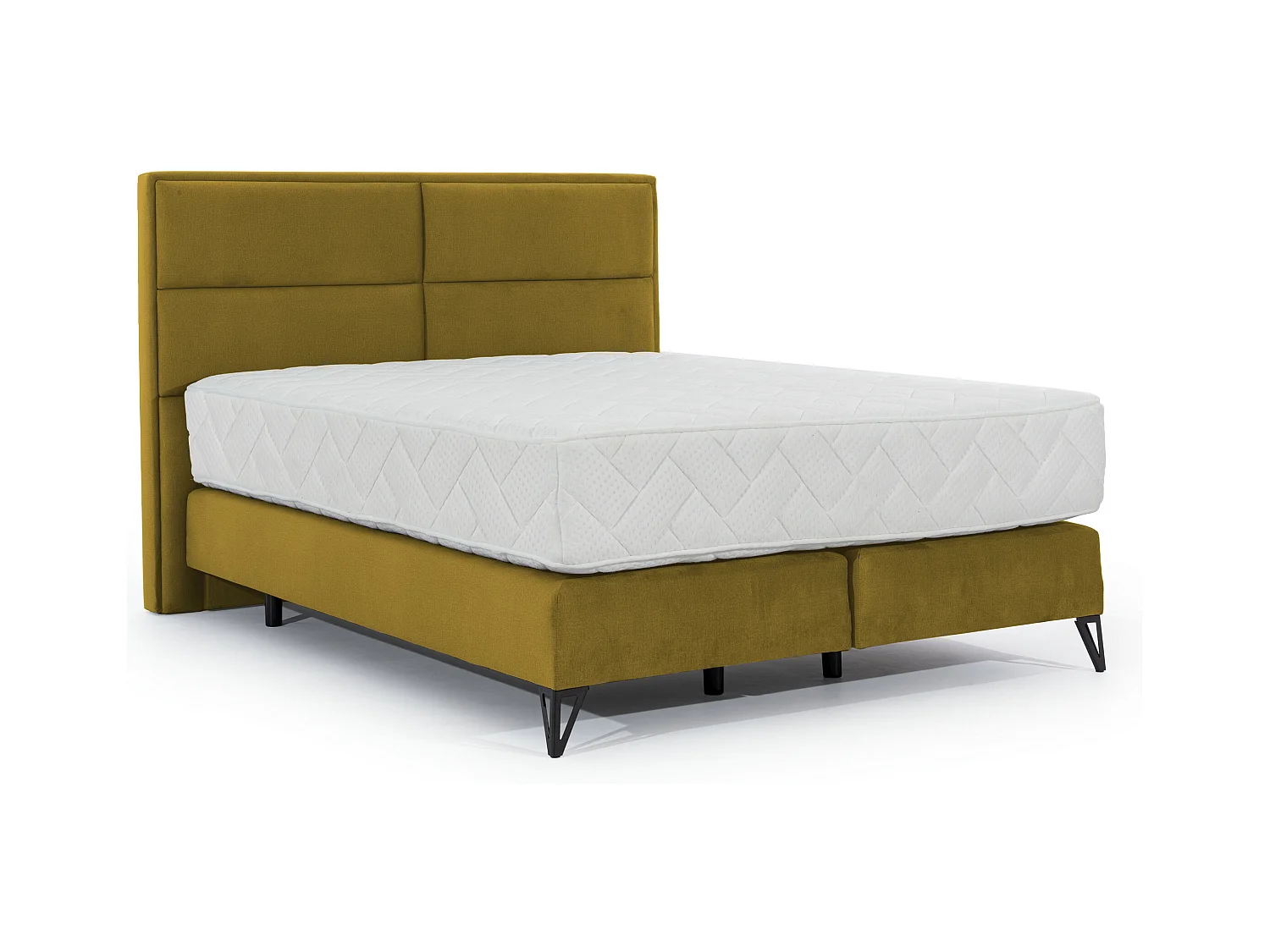 Lit continental tissu jaune moutarde Tiempo avec matelas 30cm en latex et pied métal noir-160x200