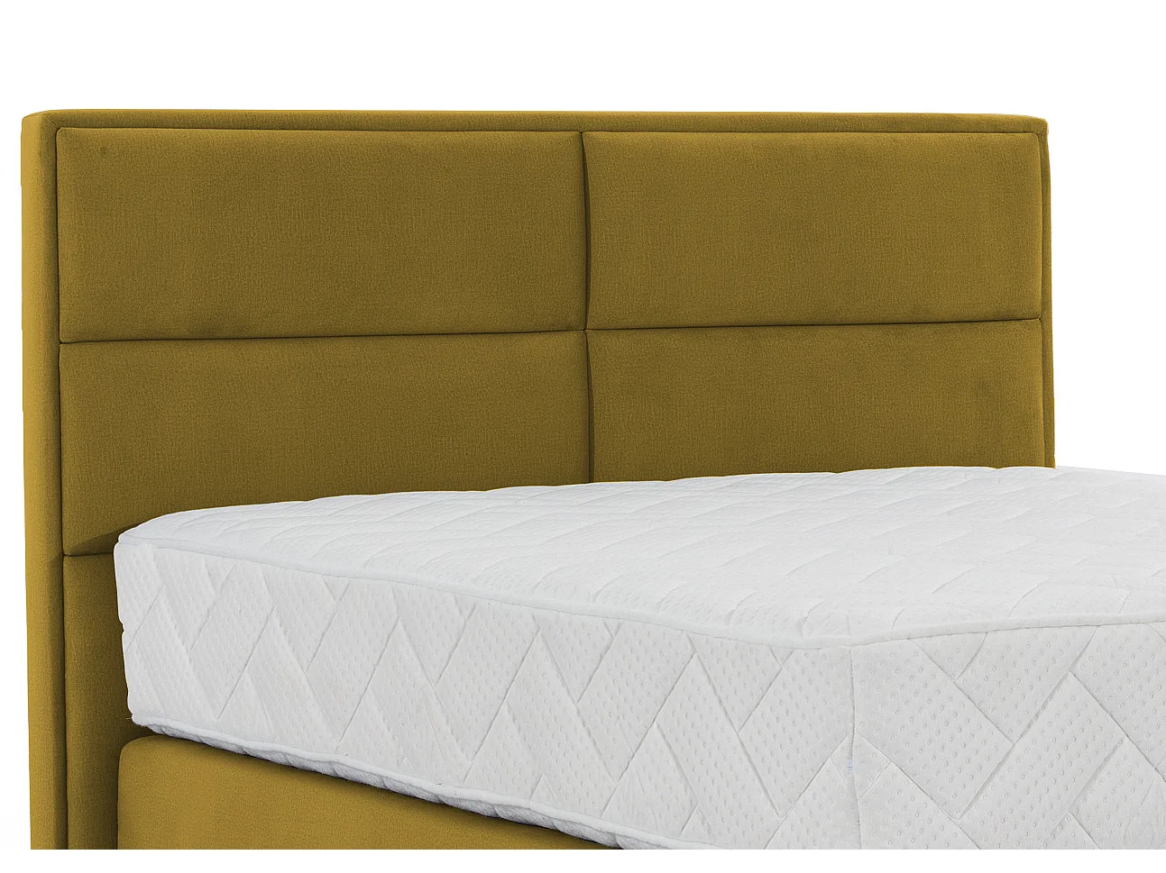 Lit continental tissu jaune moutarde Tiempo avec matelas 30cm en latex et pied métal noir-160x200