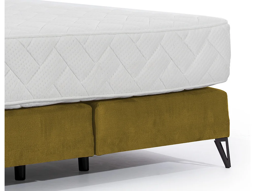 Lit continental tissu jaune moutarde Tiempo avec matelas 30cm en latex et pied métal noir-160x200