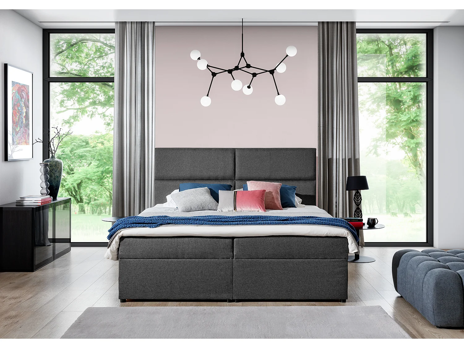 Lit continental capitonné tissu rose Weber-180x200