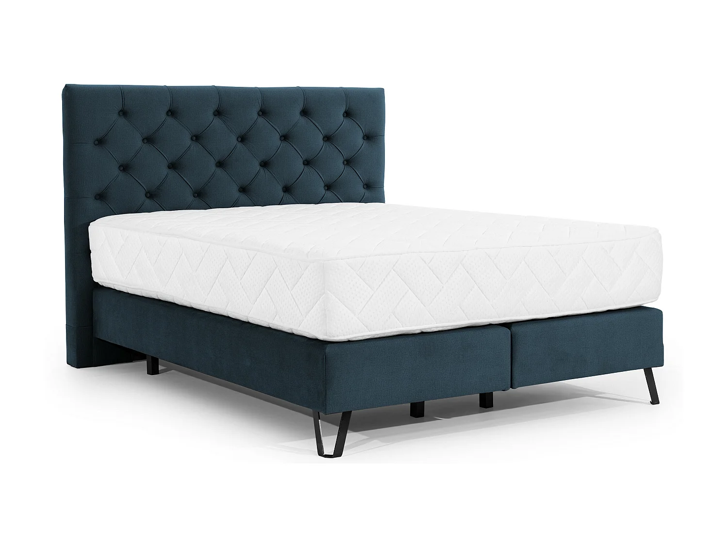 Lit continental capitonné tissu bleu Pozza avec matelas 30cm en latex et pied métal noir-140x200