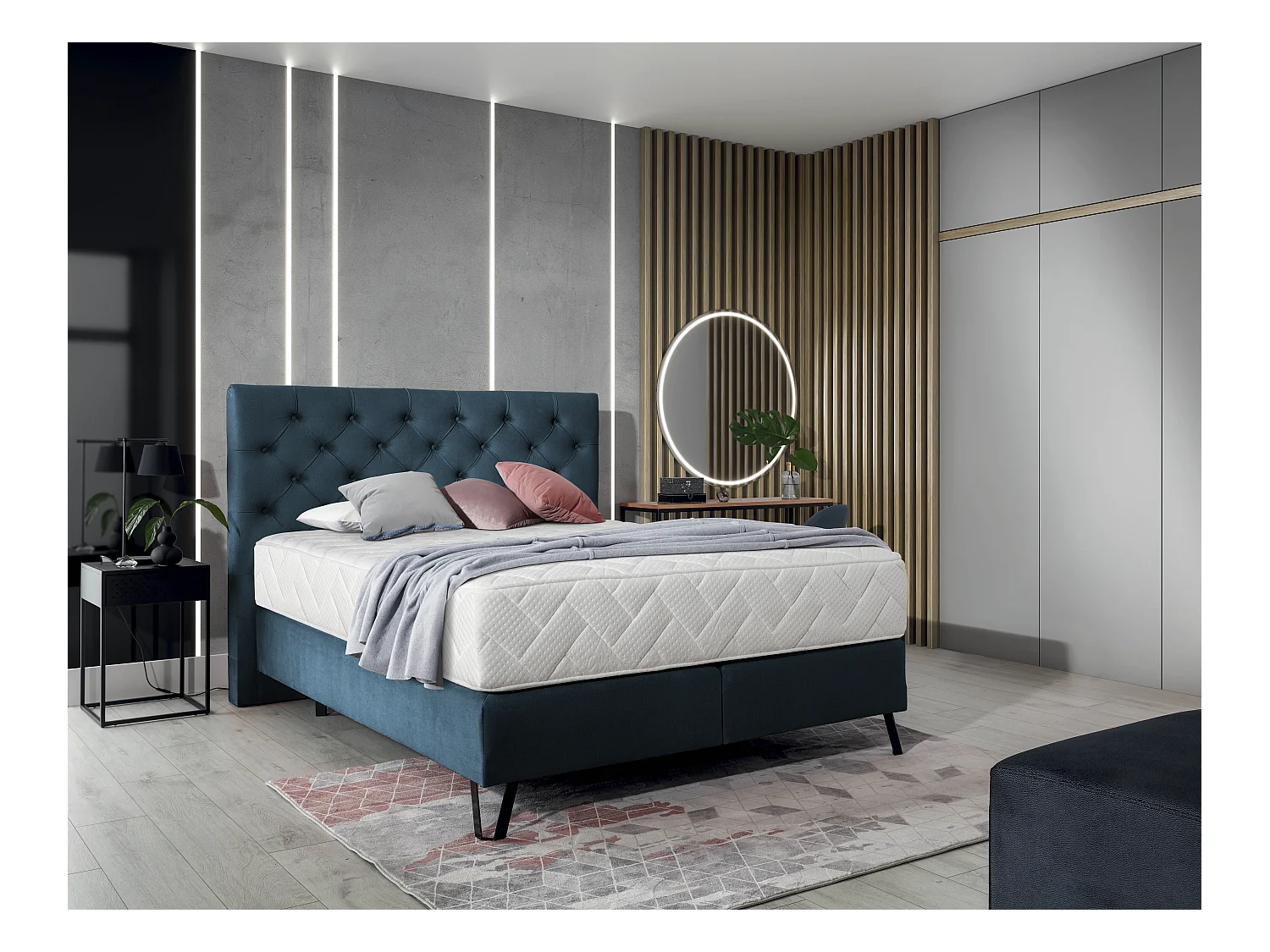 Pozza blauw stoffen continentaal bed met latexmatras van 30 cm en zwart metalen poot-Slapen 140x200cm