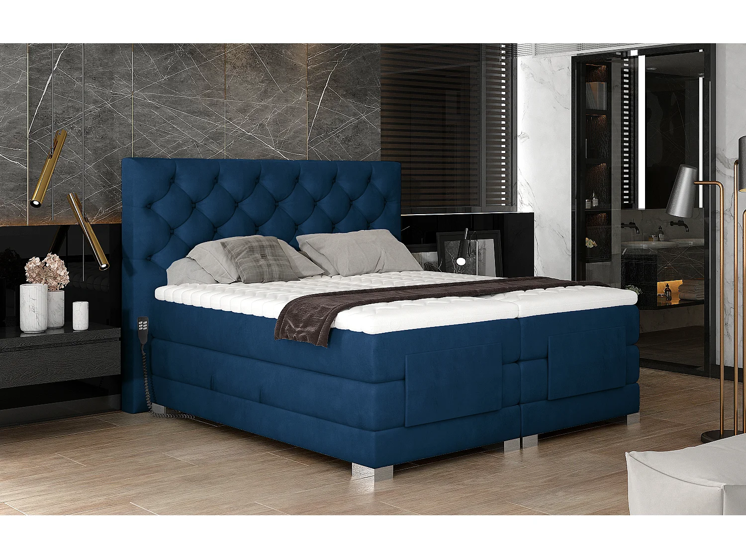 Blauw fluwelen elektrisch continentaal bed met Karmen-matras en topper-Slapen 140x200cm