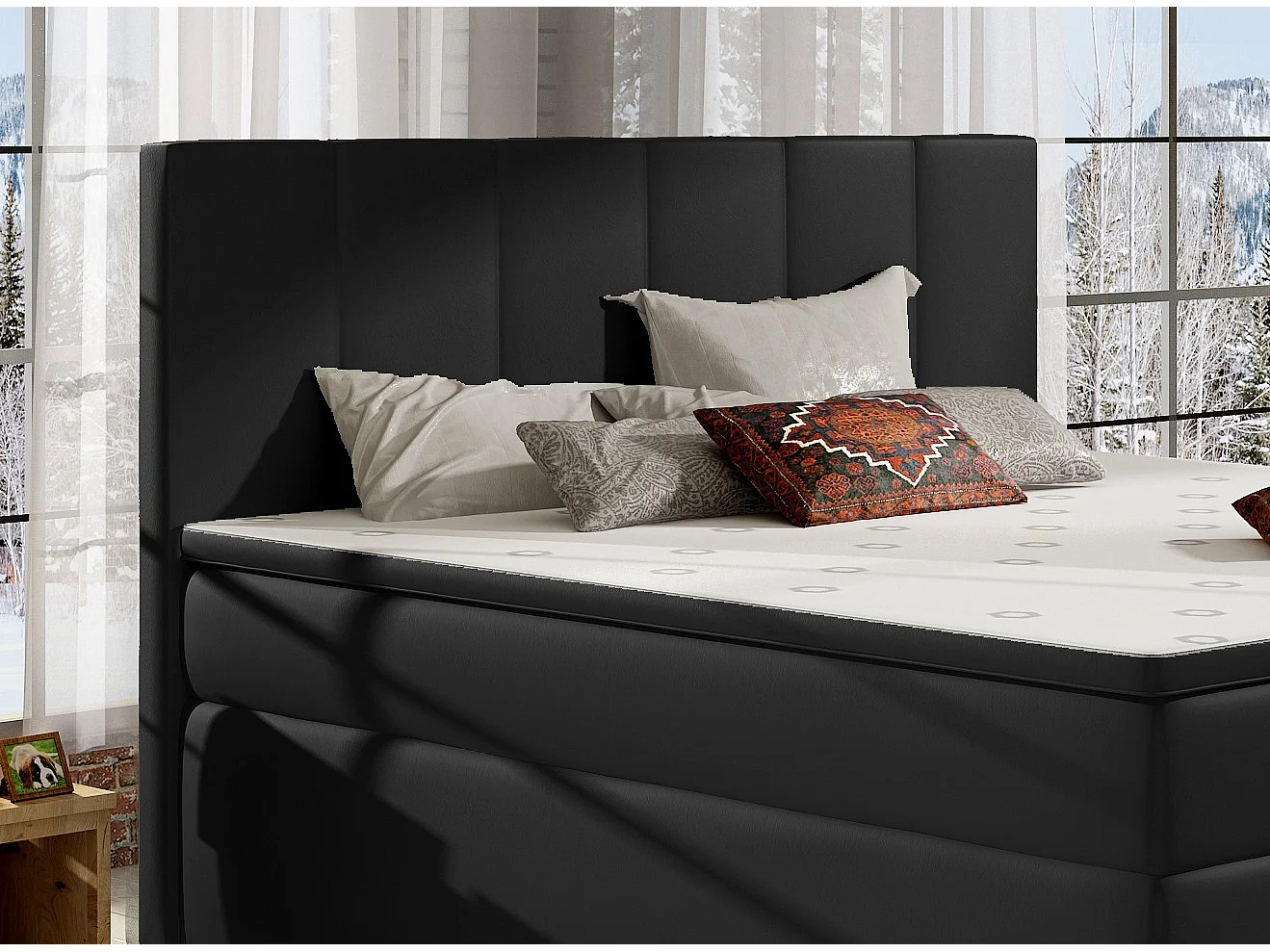 Lit continental simili cuir noir avec matelas et surmatelas Louna-160x200