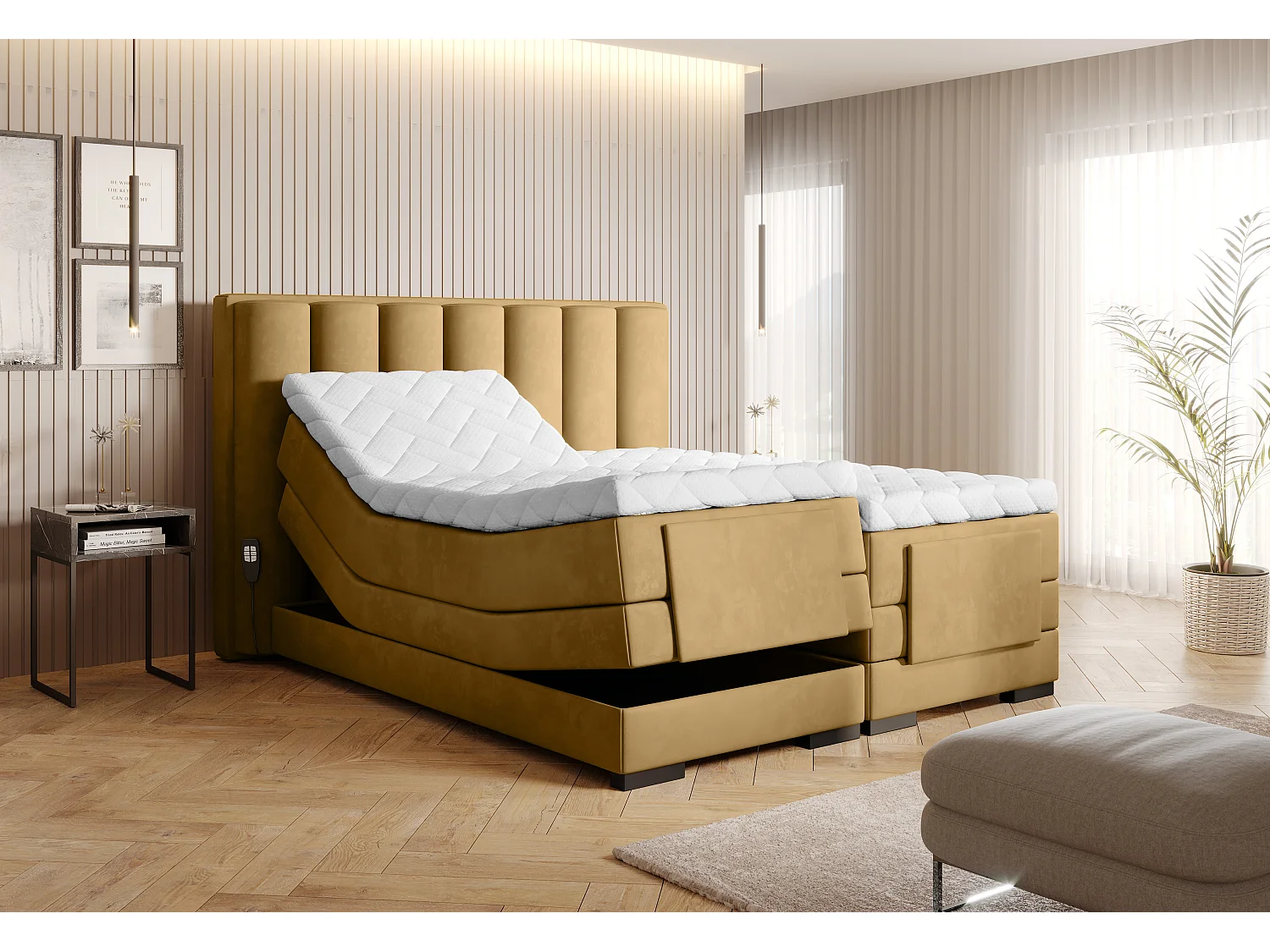 Lit boxspring électrique tissu jaune moutarde avec matelas et surmatelas Arkos-90x200