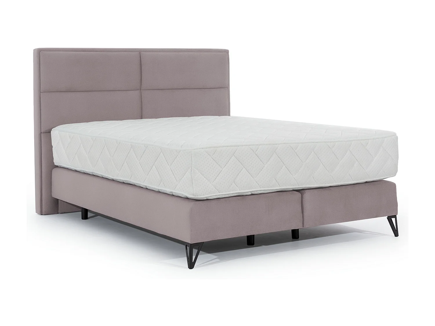 Lit continental velours rose balai Tiempo avec matelas 30cm en latex et pied métal noir-160x200