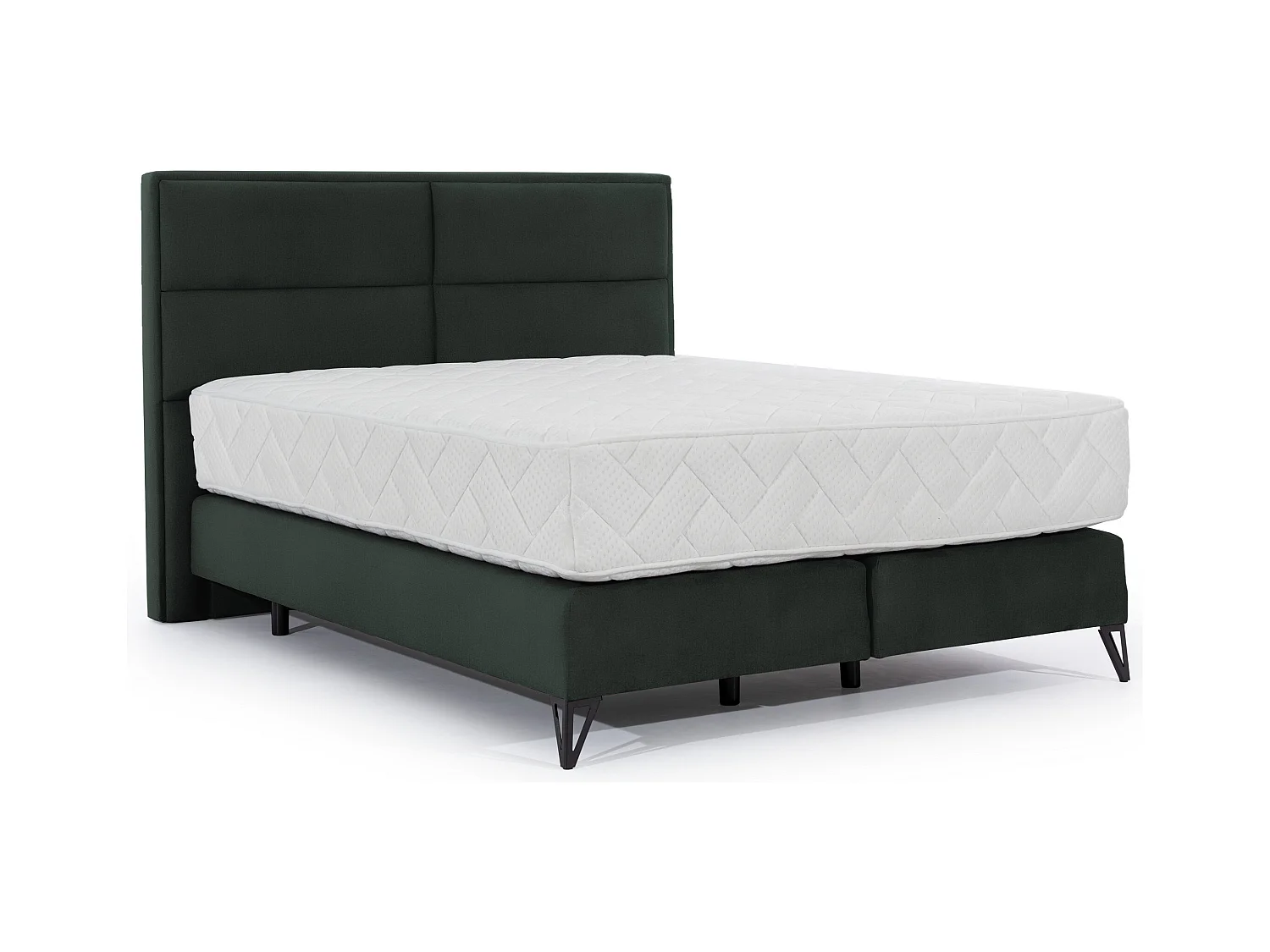 Lit continental velours vert anglais Tiempo avec matelas 30cm en latex et pied métal noir-140x200