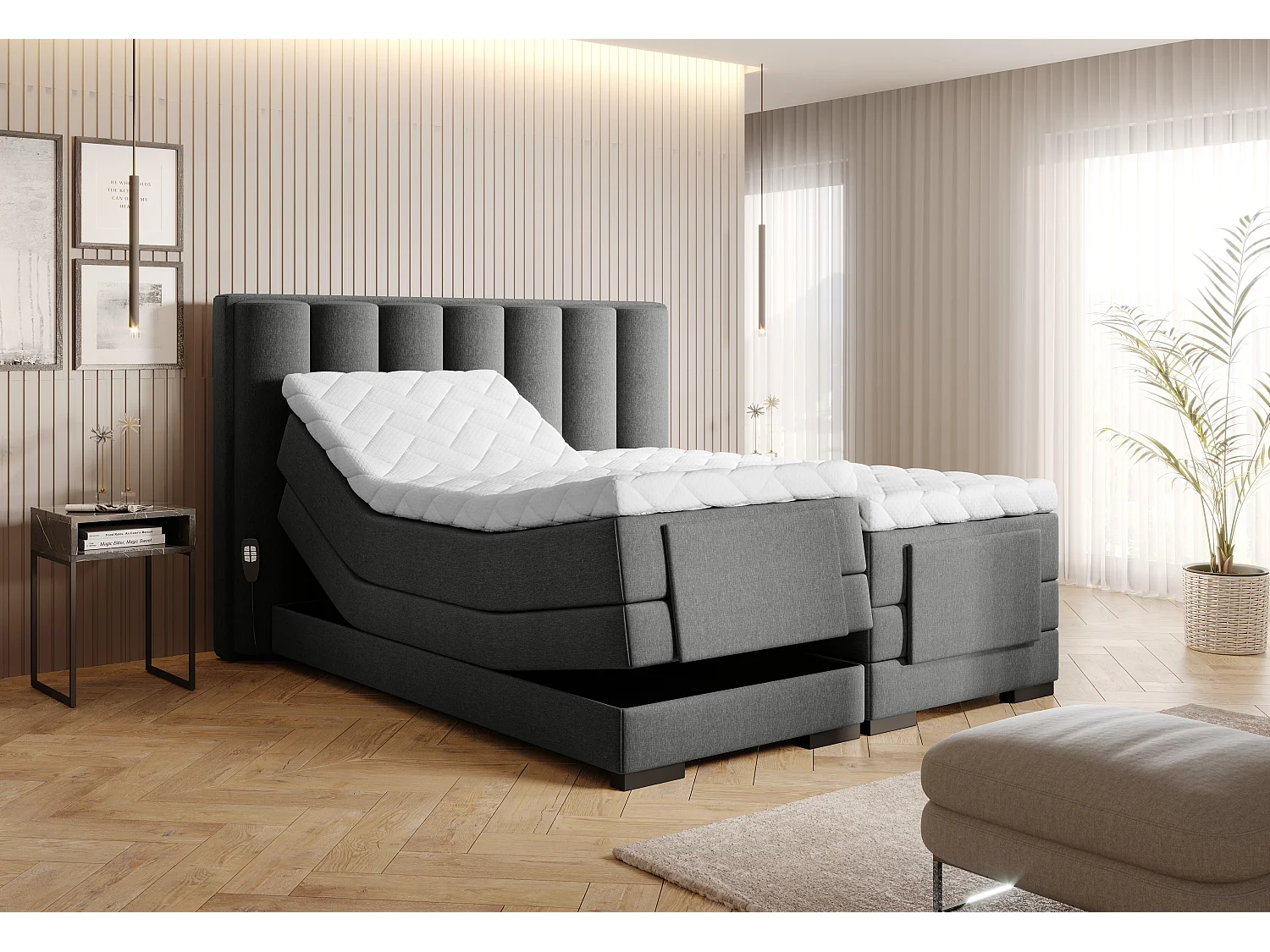 Lit boxspring électrique tissu gris chiné avec matelas et surmatelas Arkos-140x200