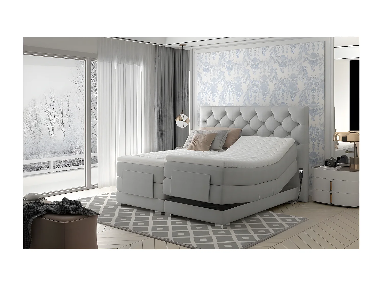 Lichtgrijs stoffen elektrisch continentaal bed met Karmen-matras en bovenmatras-Slapen 180x200cm