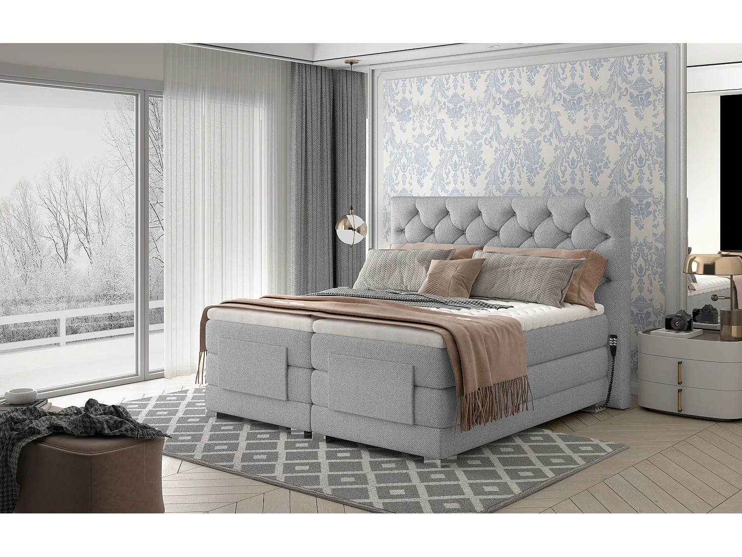 Lichtgrijs stoffen elektrisch continentaal bed met Karmen-matras en bovenmatras-Slapen 180x200cm