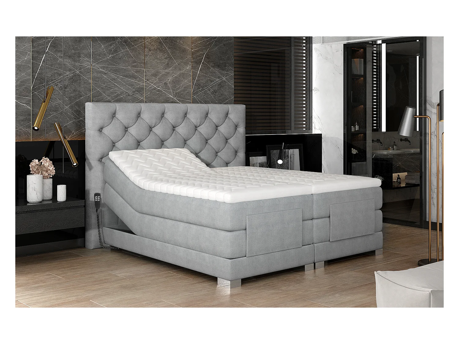 Lit continental électrique tissu gris clair avec matelas et surmatelas Karmen-180x200