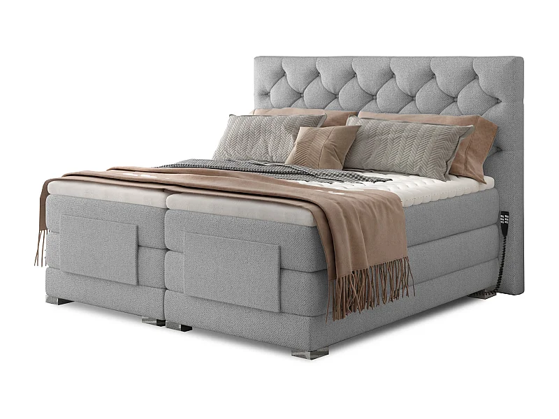 Lichtgrijs stoffen elektrisch continentaal bed met Karmen-matras en bovenmatras-Slapen 180x200cm