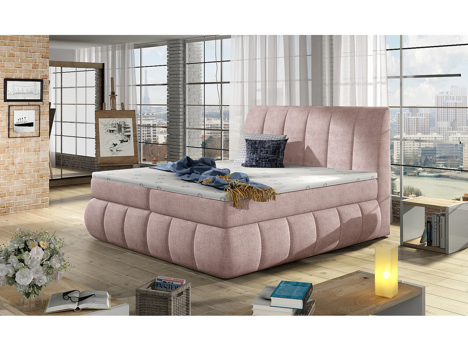 Lit continental matelassé tissu rose Florencia-140x200