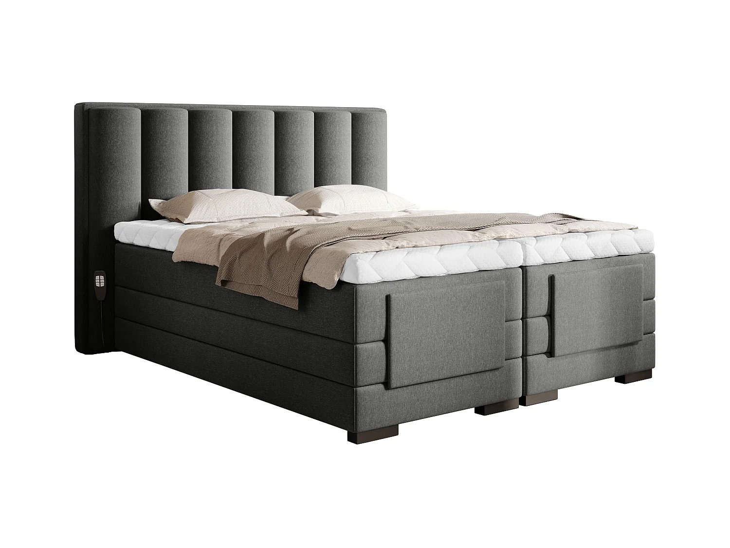 Lit boxspring électrique tissu gris chiné avec matelas et surmatelas Arkos-160x200