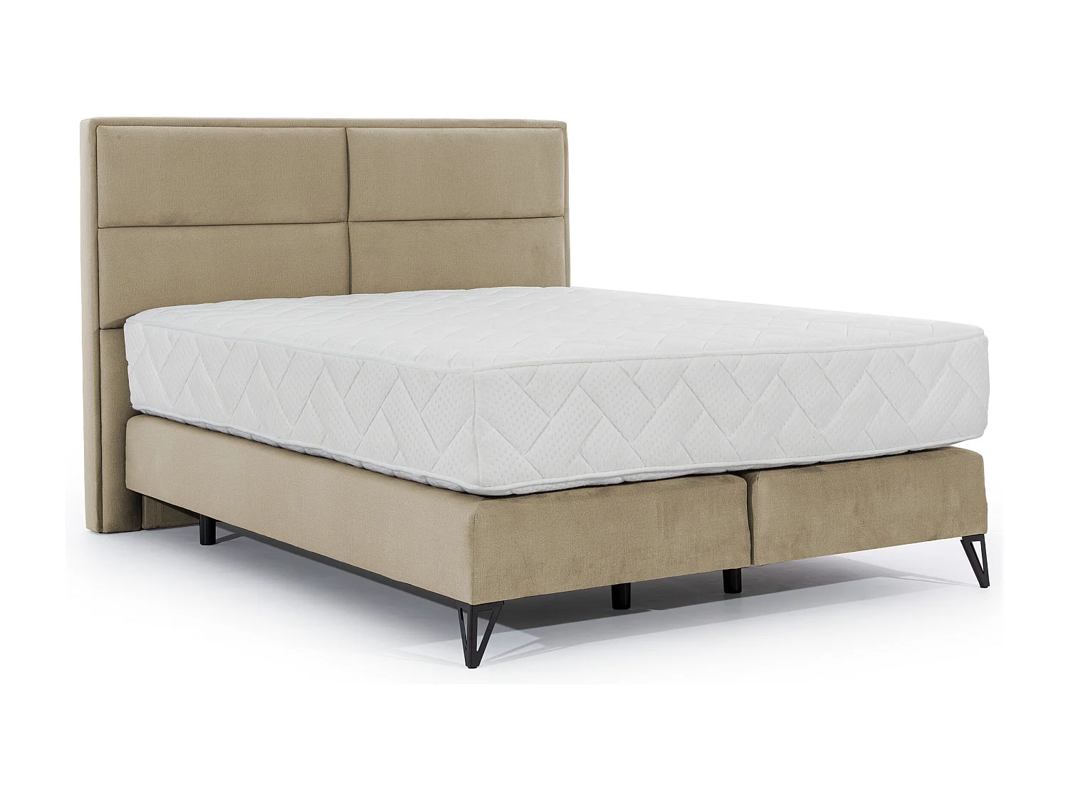 Lit continental tissu beige Tiempo avec matelas 30cm en latex et pied métal noir-160x200