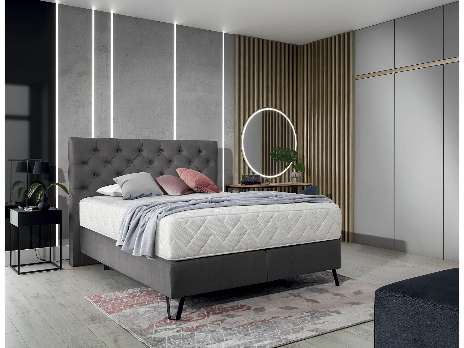 Pozza donkergrijs, met stof bekleed continentaal bed met latexmatras van 30 cm en zwart metalen poot-Slapen 180x200cm