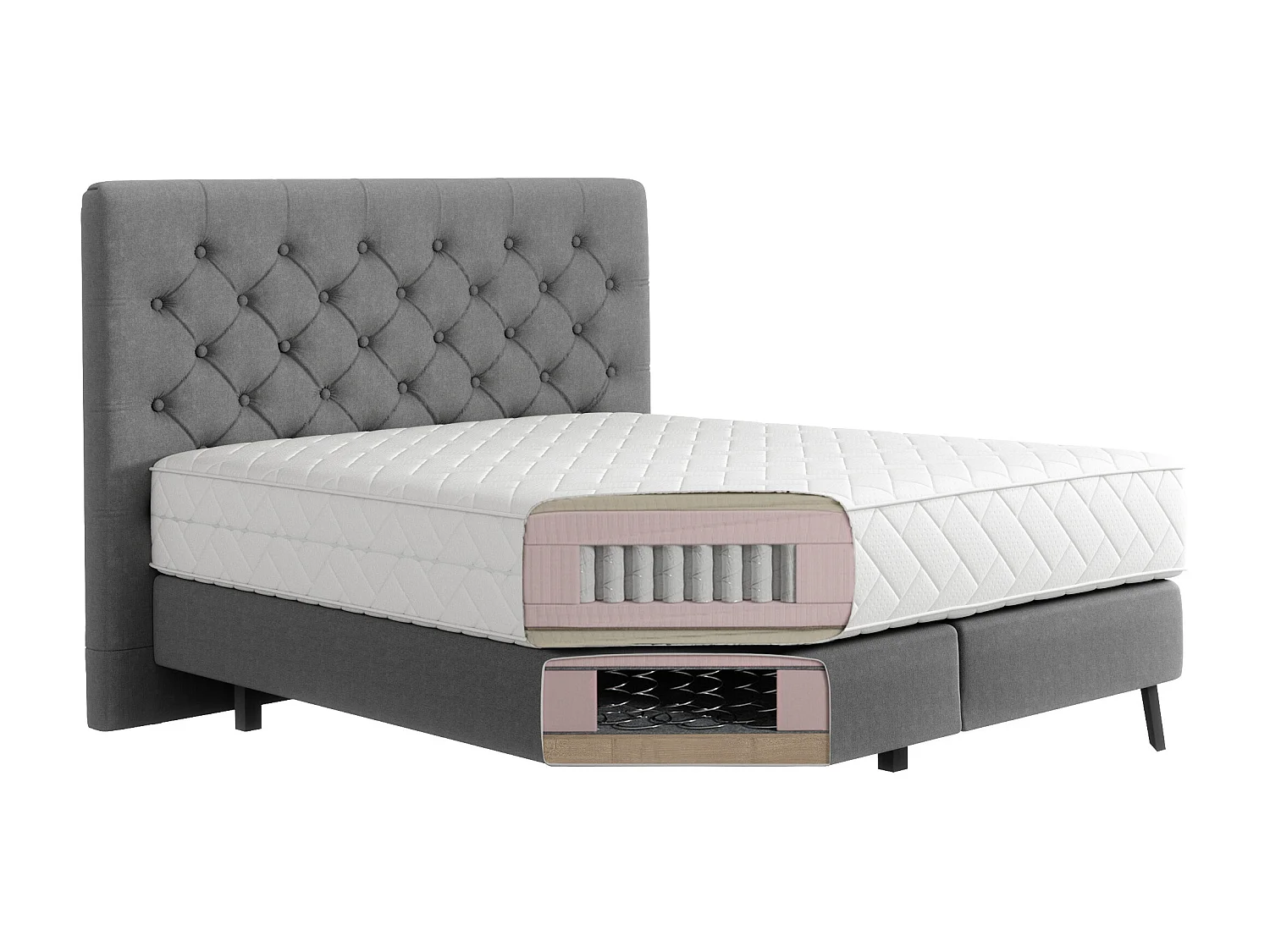 Pozza donkergrijs, met stof bekleed continentaal bed met latexmatras van 30 cm en zwart metalen poot-Slapen 180x200cm