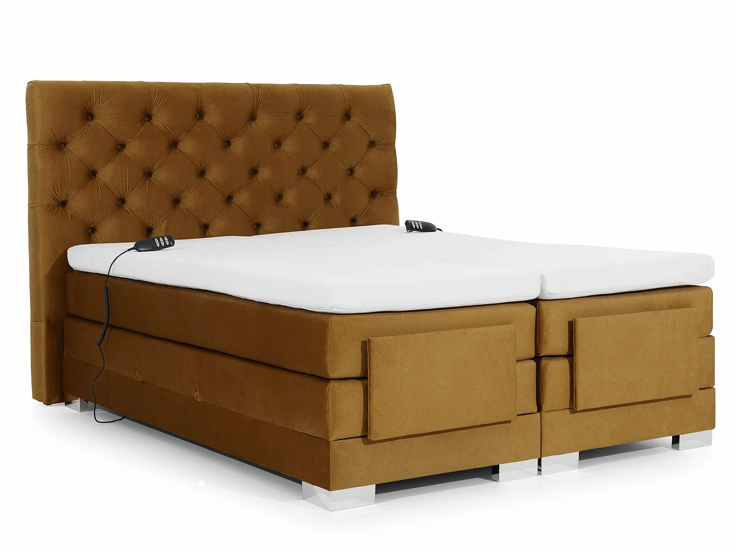 Elektrisch continentaal bed in lichtbeige stof met Karmen-matras en bovenmatras-Slapen 180x200cm