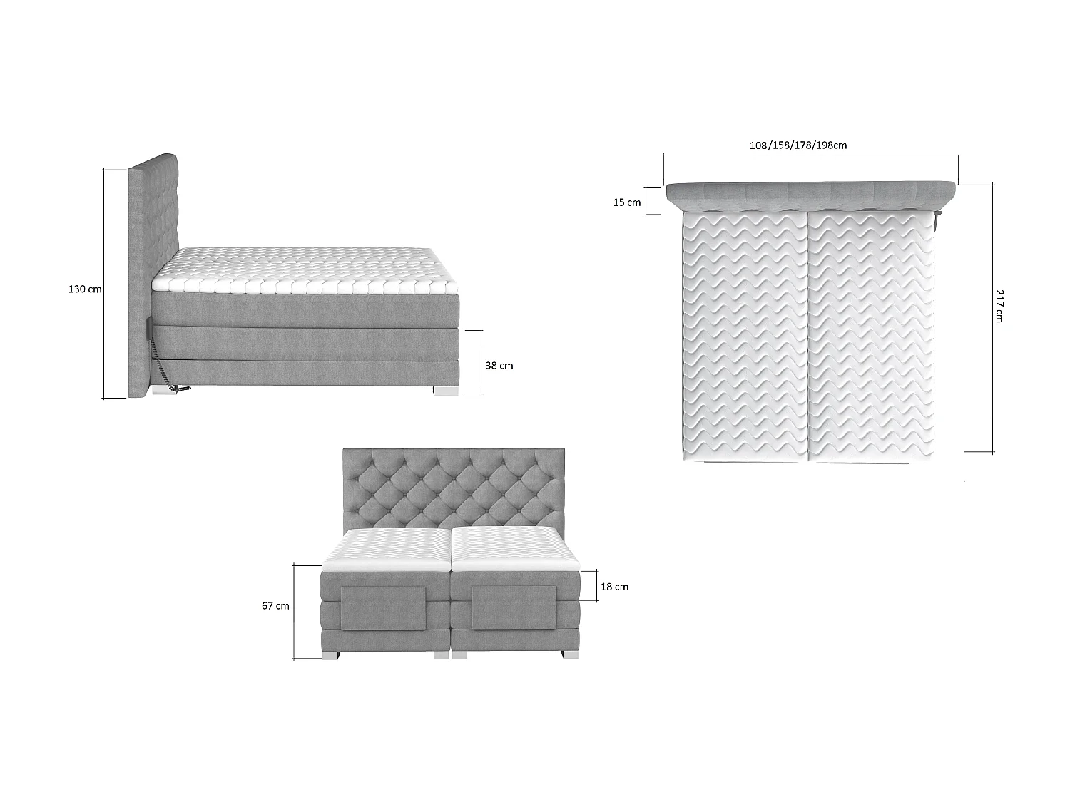 Elektrisch continentaal bed in lichtbeige stof met Karmen-matras en bovenmatras-Slapen 180x200cm