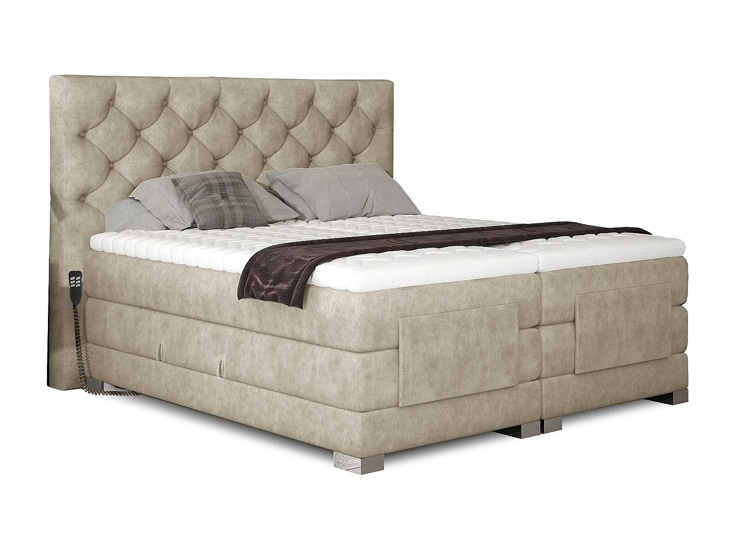 Lit continental électrique tissu beige clair avec matelas et surmatelas Karmen-180x200