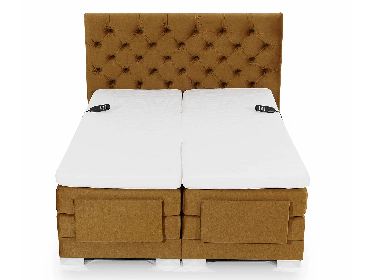 Lit continental électrique tissu beige clair avec matelas et surmatelas Karmen-180x200