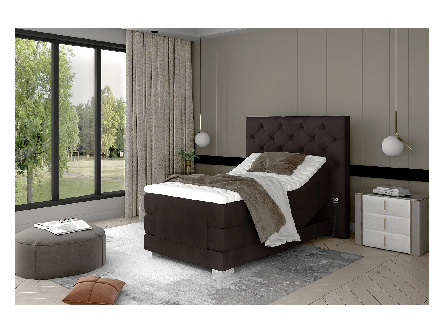 Lit continental électrique velours marron foncé avec matelas et surmatelas Karmen-90x200