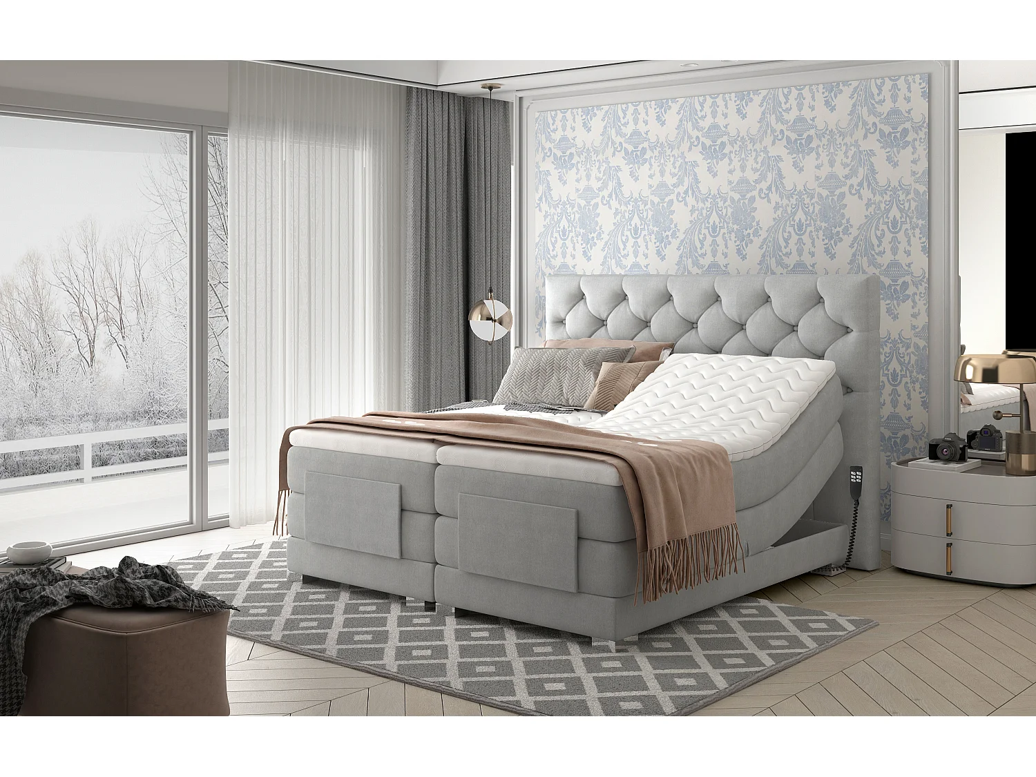 Lit continental électrique velours marron foncé avec matelas et surmatelas Karmen-90x200