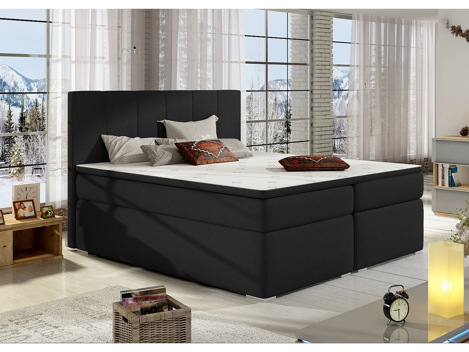 Lit continental tissu noir avec matelas et surmatelas Louna-180x200