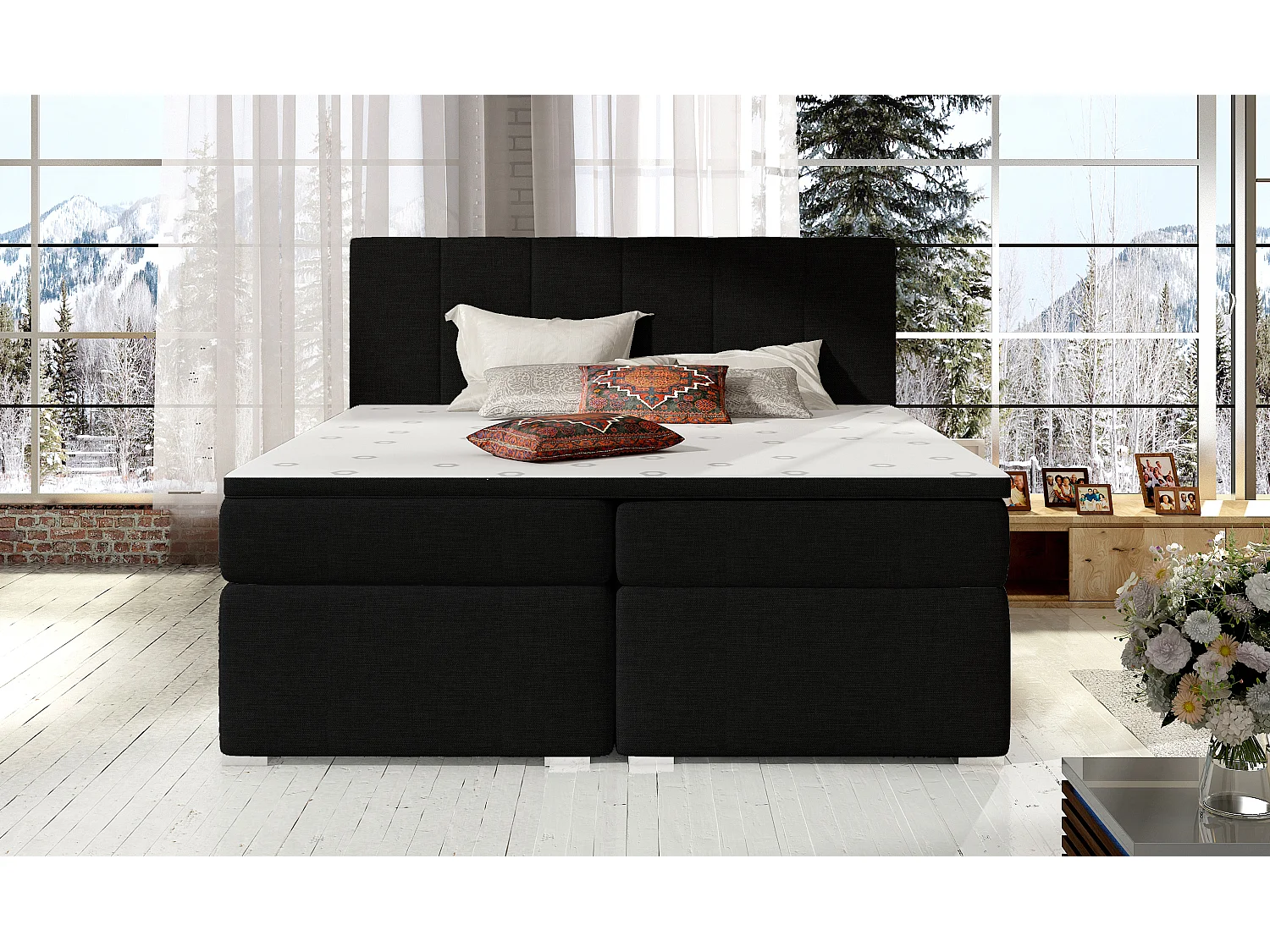 Lit continental tissu noir avec matelas et surmatelas Louna-180x200