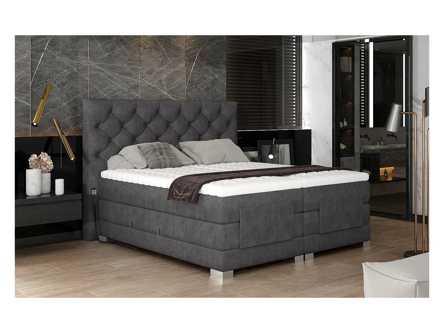 Lit continental électrique tissu gris foncé avec matelas et surmatelas Karmen-160x200