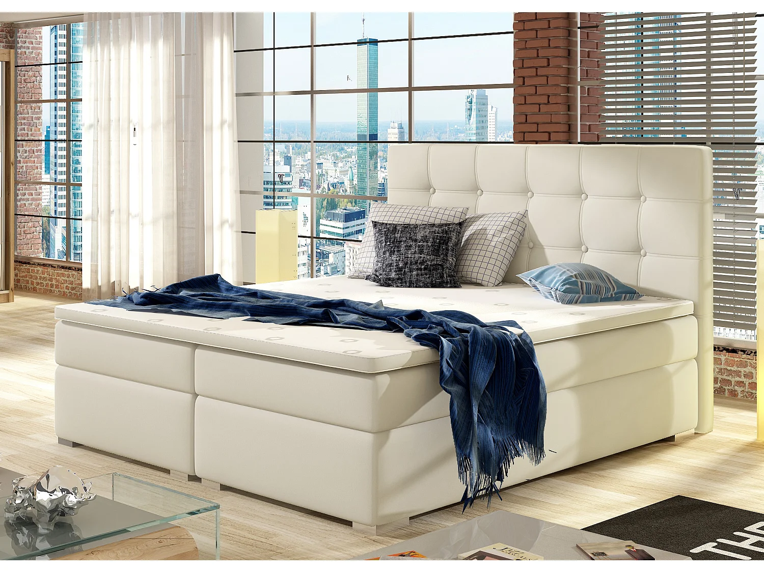 Lit boxspring simili cuir beige clair avec matelas et surmatelas Kavin-180x200