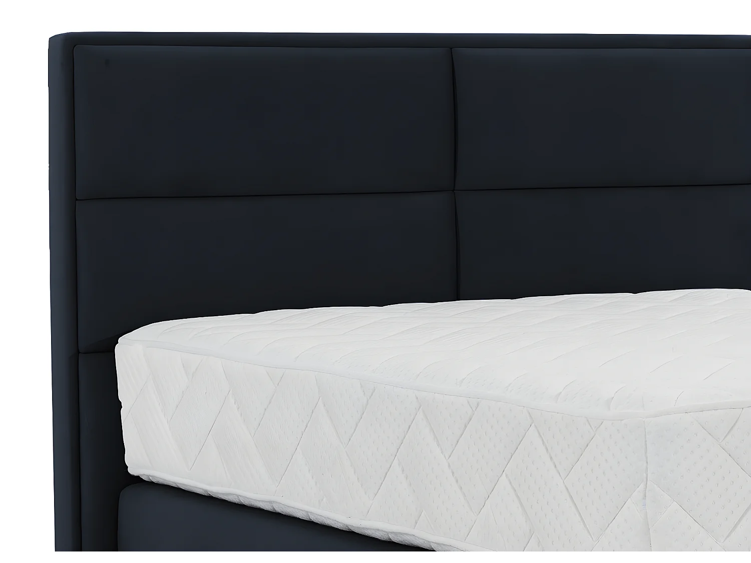 Lit continental velours bleu marine Tiempo avec matelas 30cm en latex et pied métal noir-160x200