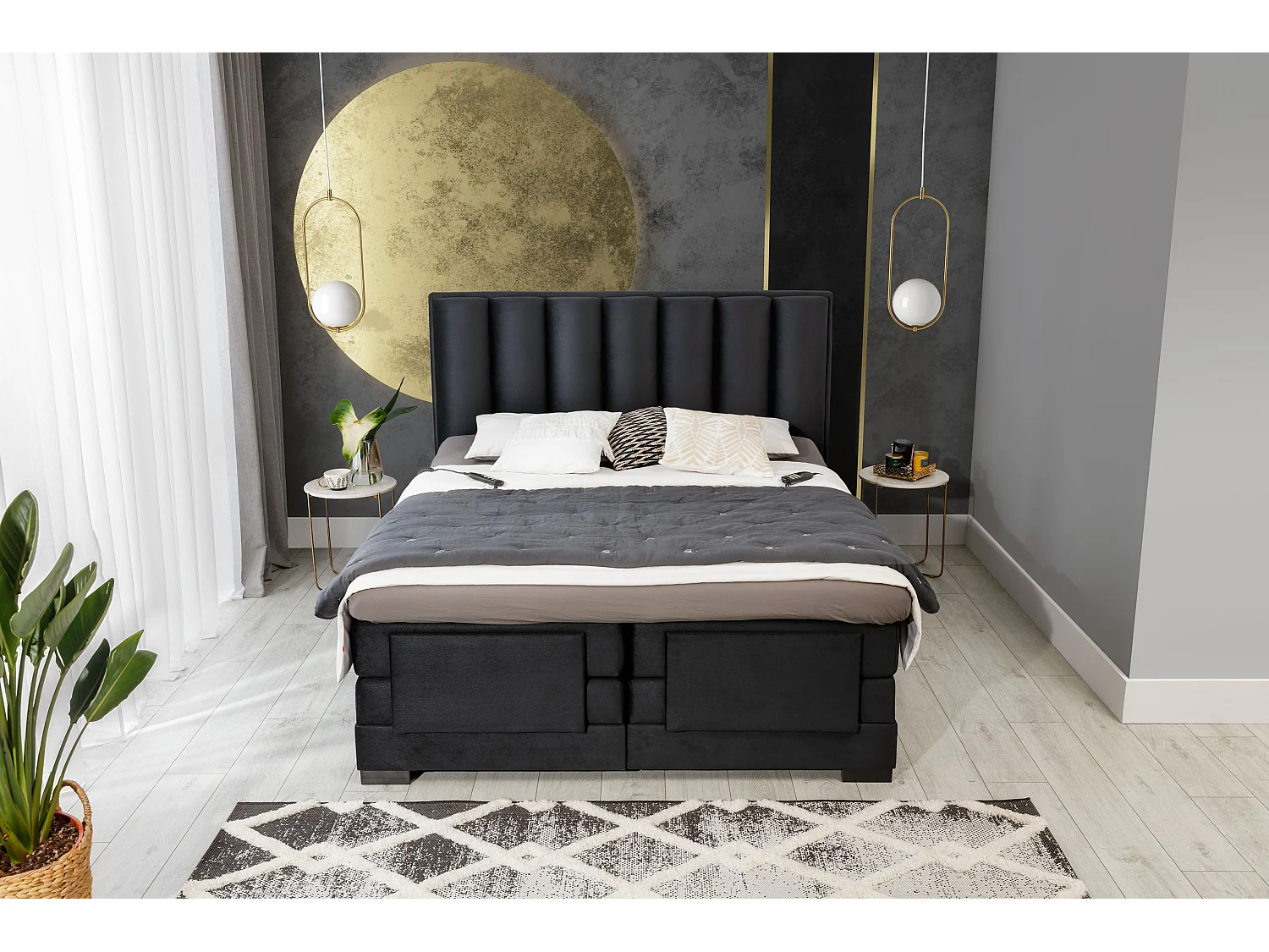 Lit boxspring électrique tissu bleu lavande avec matelas et surmatelas Arkos-160x200