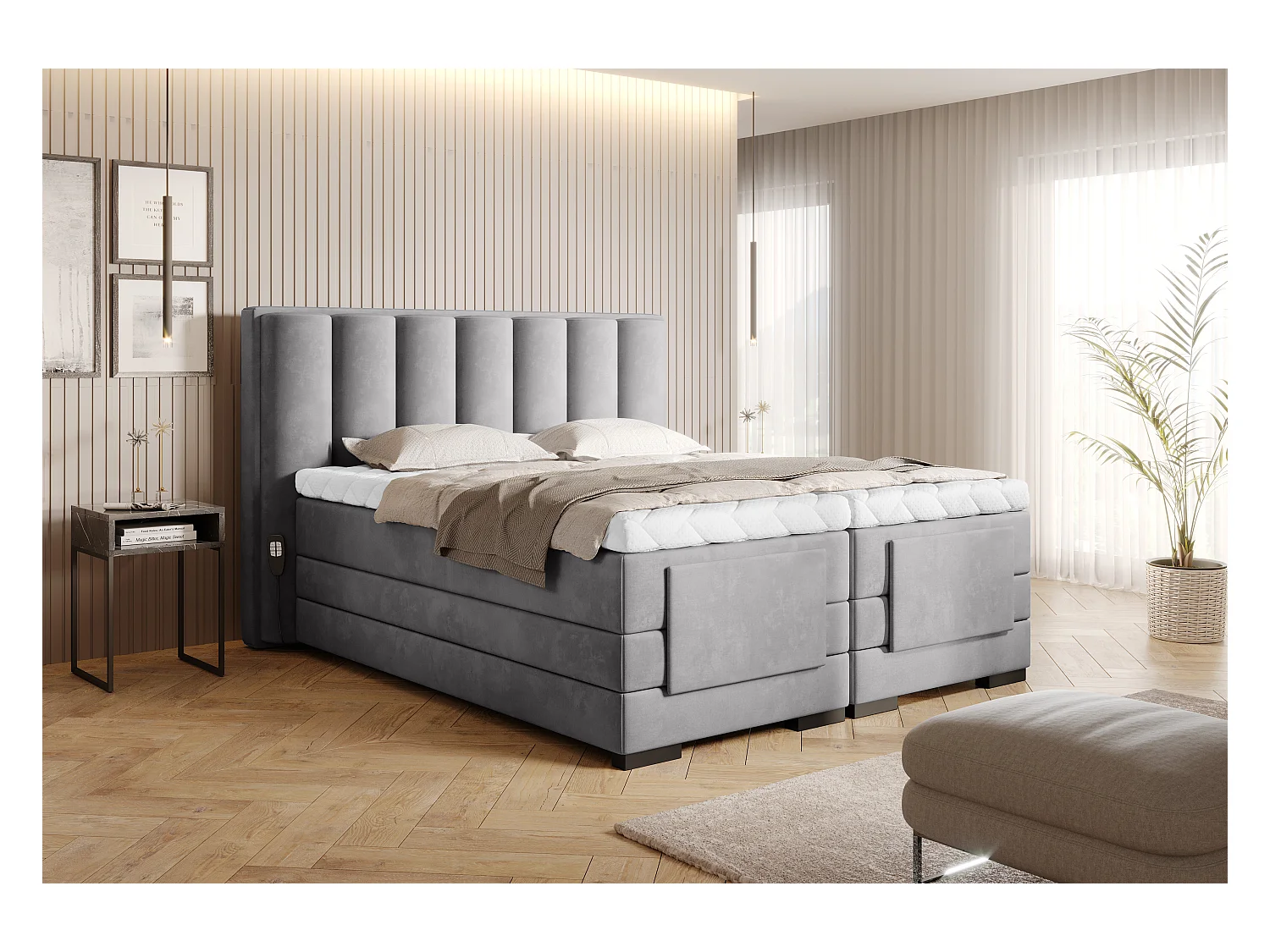 Lit boxspring électrique tissu gris clair avec matelas et surmatelas Arkos-160x200