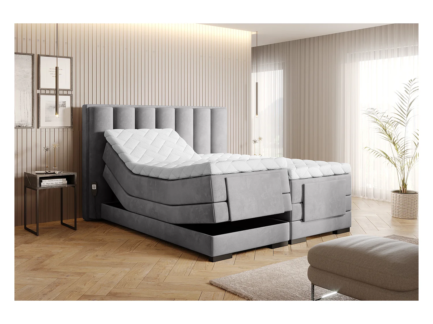 Lit boxspring électrique tissu gris clair avec matelas et surmatelas Arkos-160x200