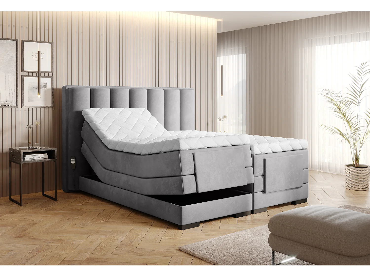Lit boxspring électrique tissu gris clair avec matelas et surmatelas Arkos-160x200