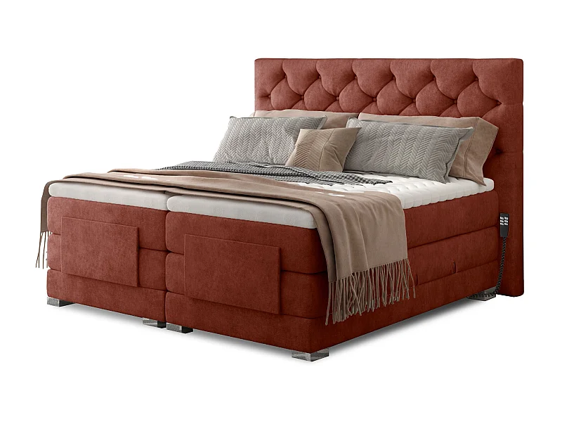 Lit continental électrique tissu rouge tomette avec matelas et surmatelas Karmen-180x200