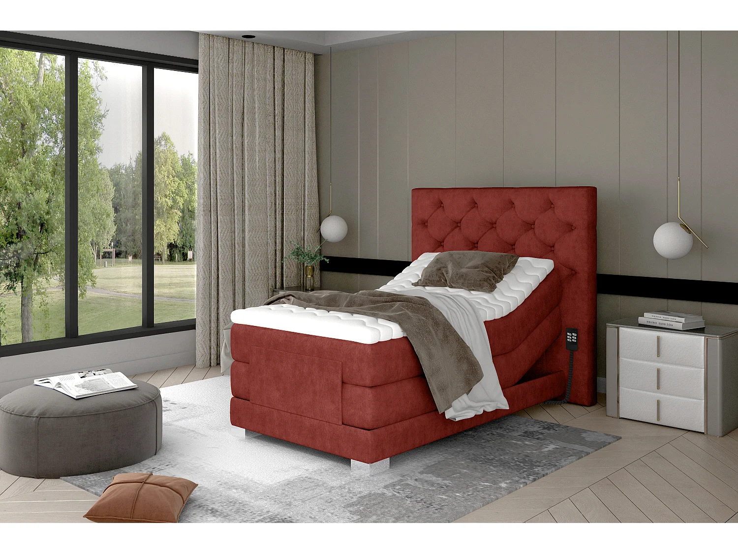 Lit continental électrique tissu rouge tomette avec matelas et surmatelas Karmen-180x200