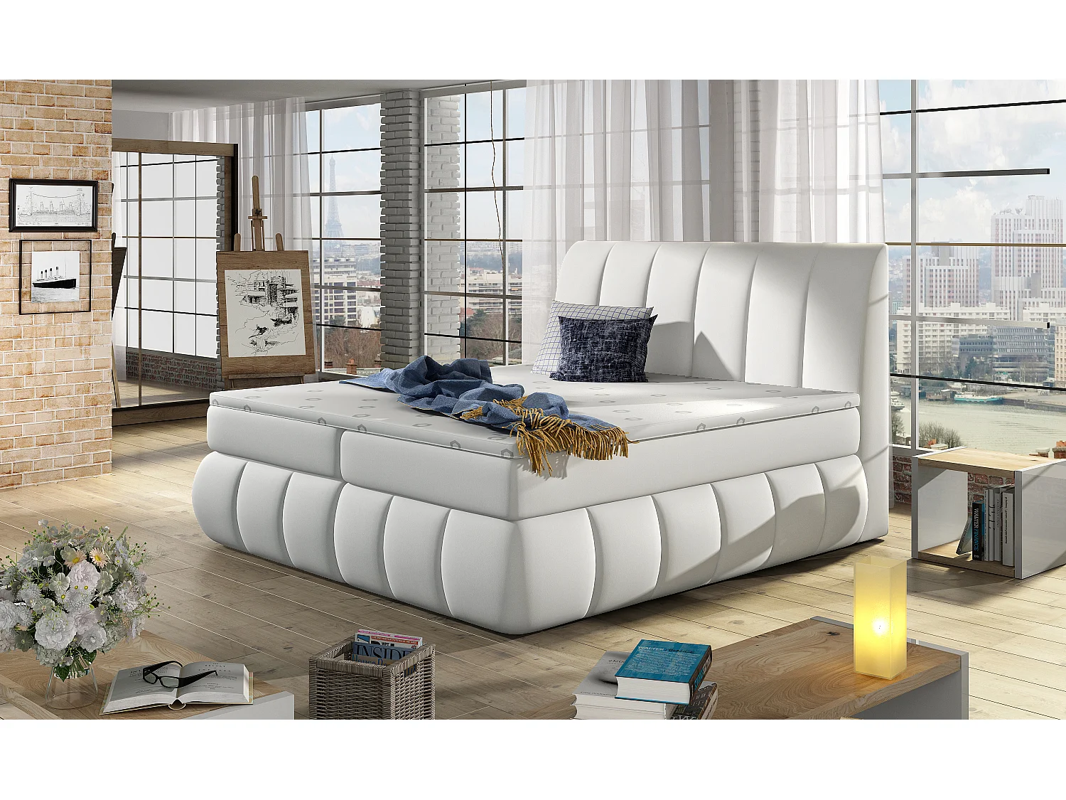 Florencia wit gewatteerd continentaal bed van kunstleer-Slapen 140x200cm