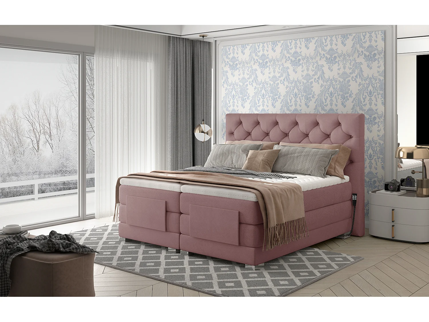 Lit continental électrique velours rose clair avec matelas et surmatelas Karmen-90x200