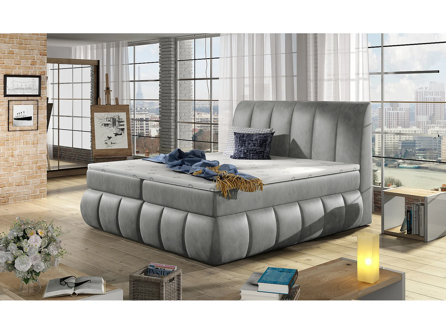 Lit continental matelassé velours gris Florencia-160x200