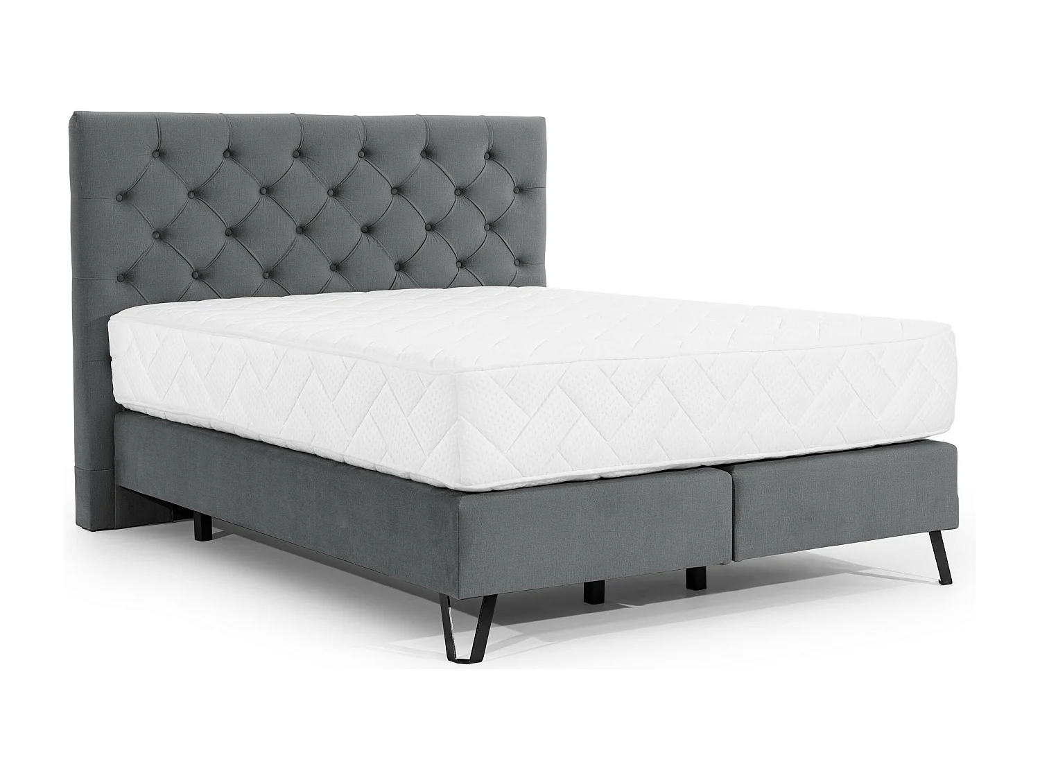 Pozza gestoffeerd continentaal bed in antraciet stof met 30 cm latex matras en zwart metalen poot-Slapen 180x200cm