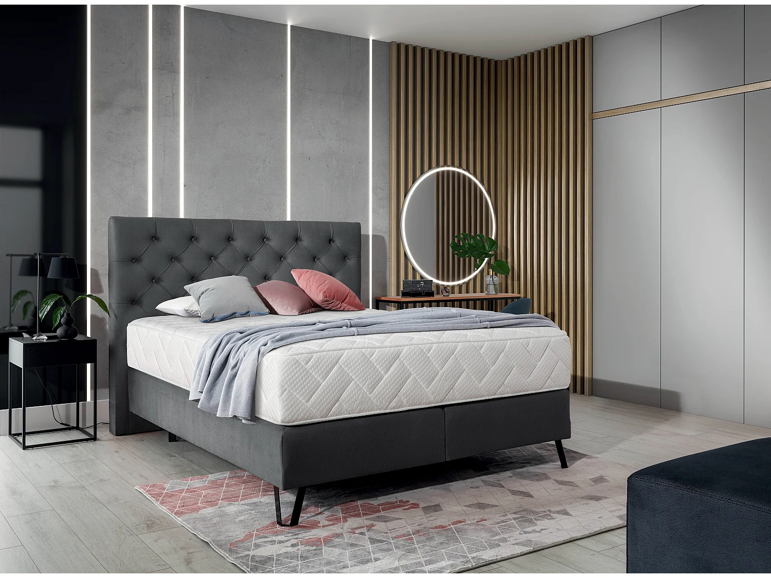 Pozza gestoffeerd continentaal bed in antraciet stof met 30 cm latex matras en zwart metalen poot-Slapen 180x200cm