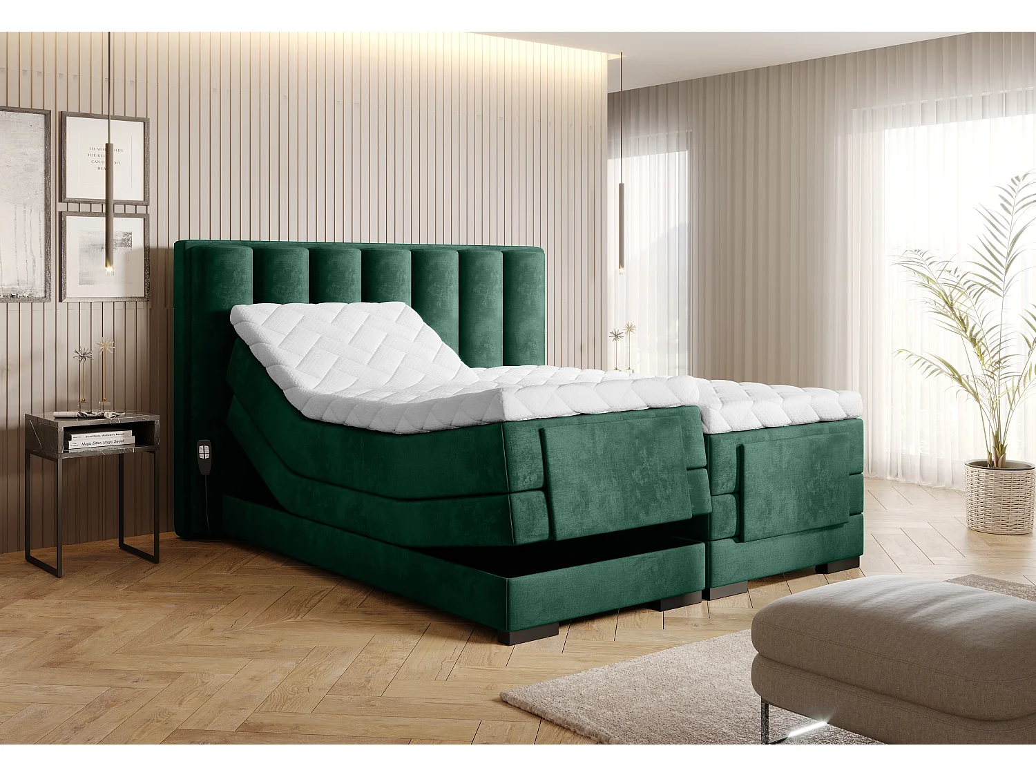 Lit boxspring électrique tissu vert avec matelas et surmatelas Arkos-140x200