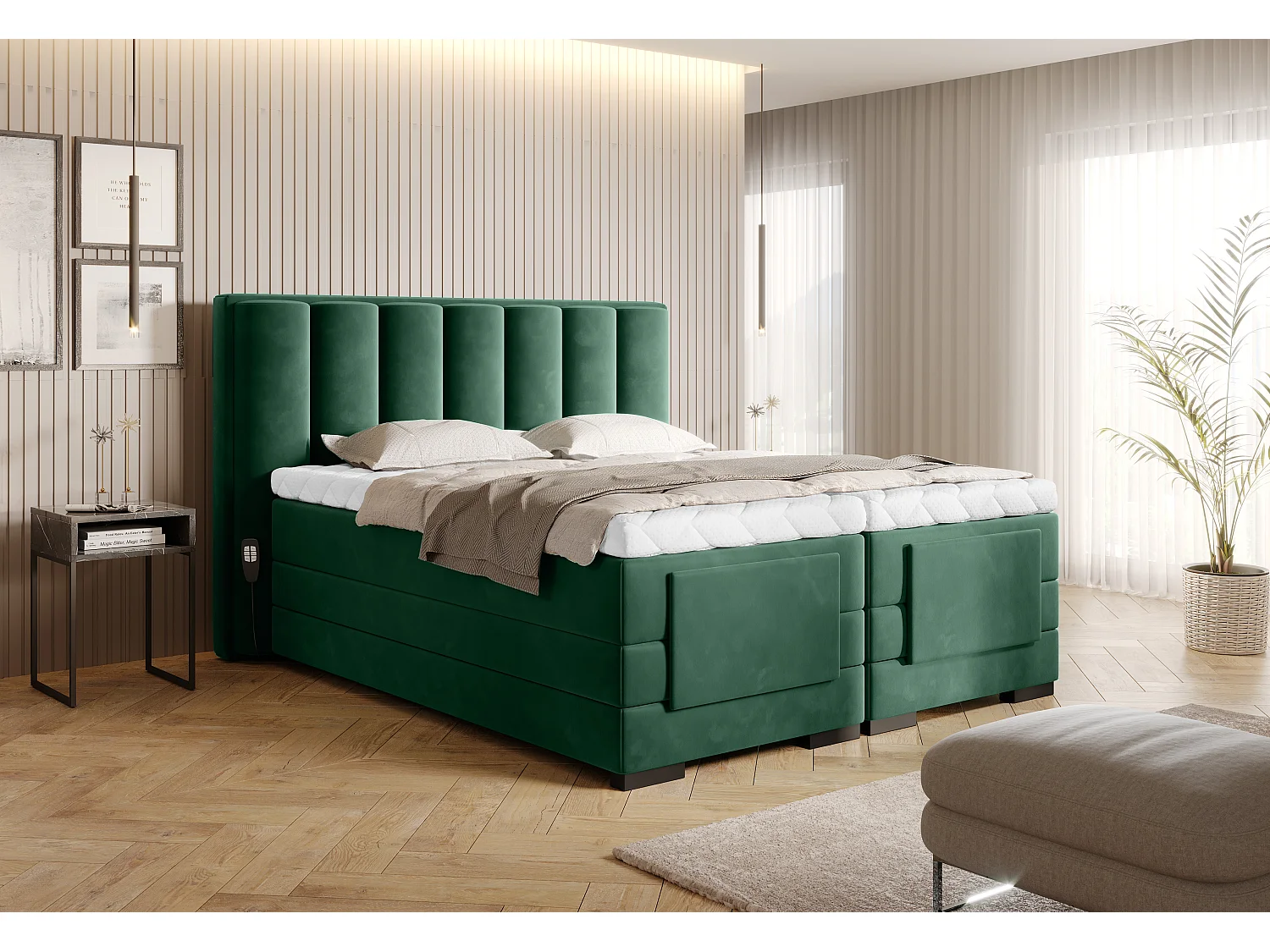 Groen stoffen elektrisch boxspringbed met Arkos matras en bovenmatras-Slapen 160x200cm